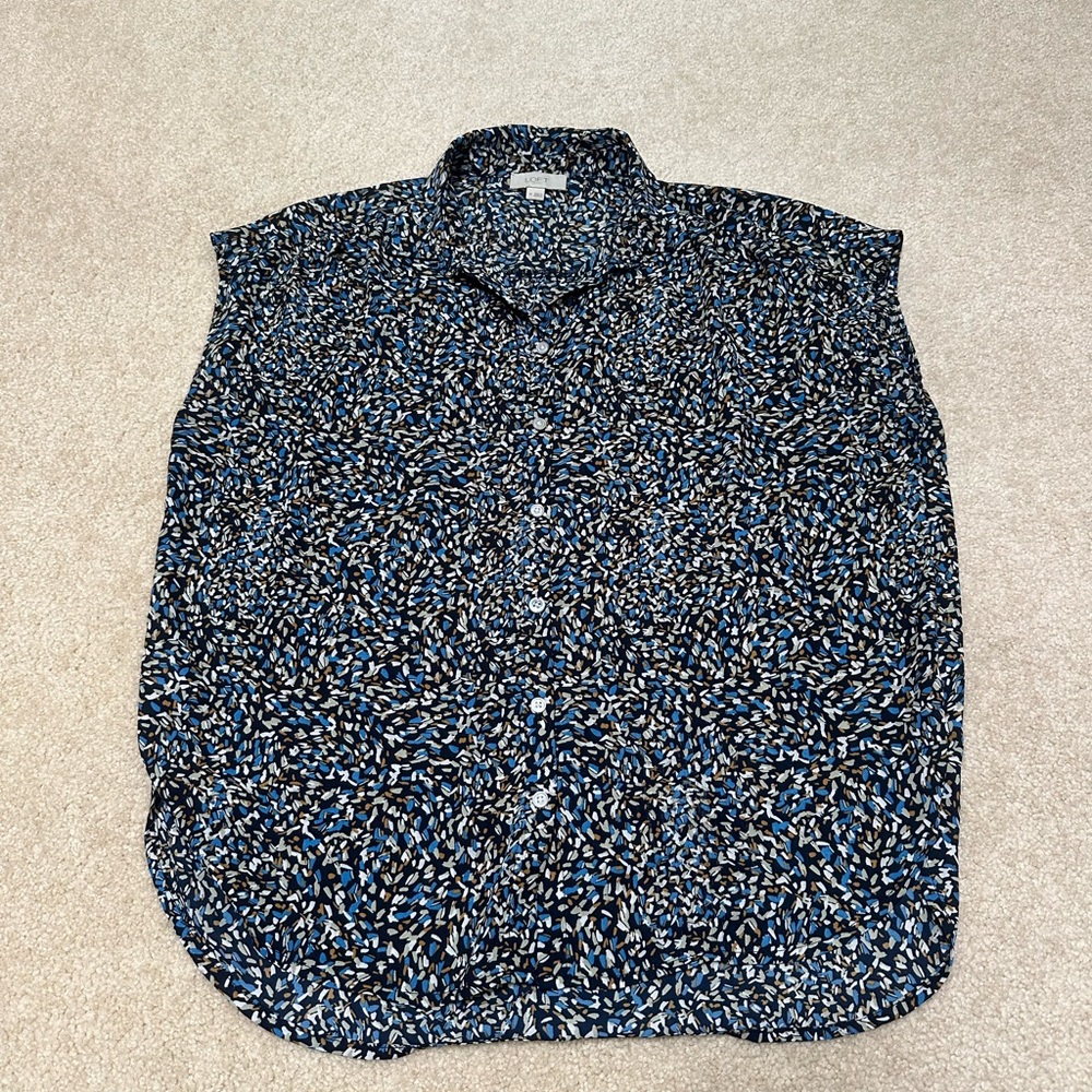 LOFT Women’s M Sleeveless Button Down Asymmetrical Blue Brown Pattern